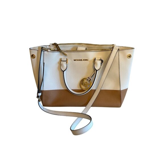 Michael Kors Sutton Large Two-Tone Leather Tote Bag Gold Accents Crossbody Strap - Picture 1 of 8